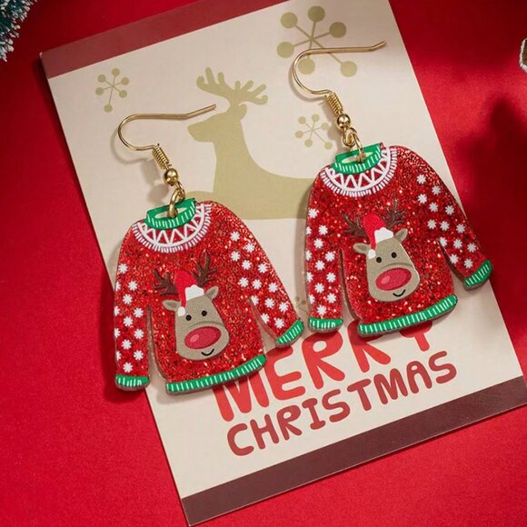 Ugly Sweater Rudolph Red Nose Reindeer Glitter Christmas Earrings Adorable A19S2 - Picture 3 of 5